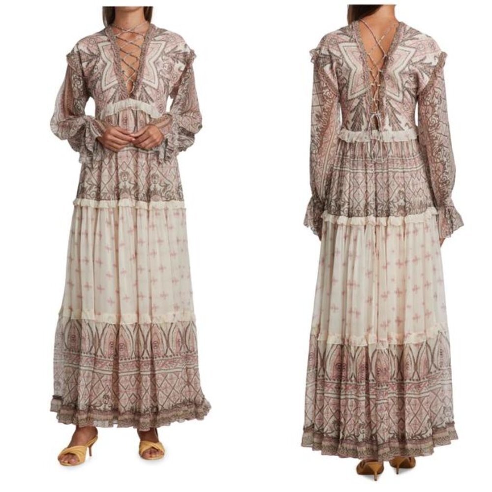 NWT HEMANT & NANDITA Noor Printed Lace-Up Maxi Dress Size XS